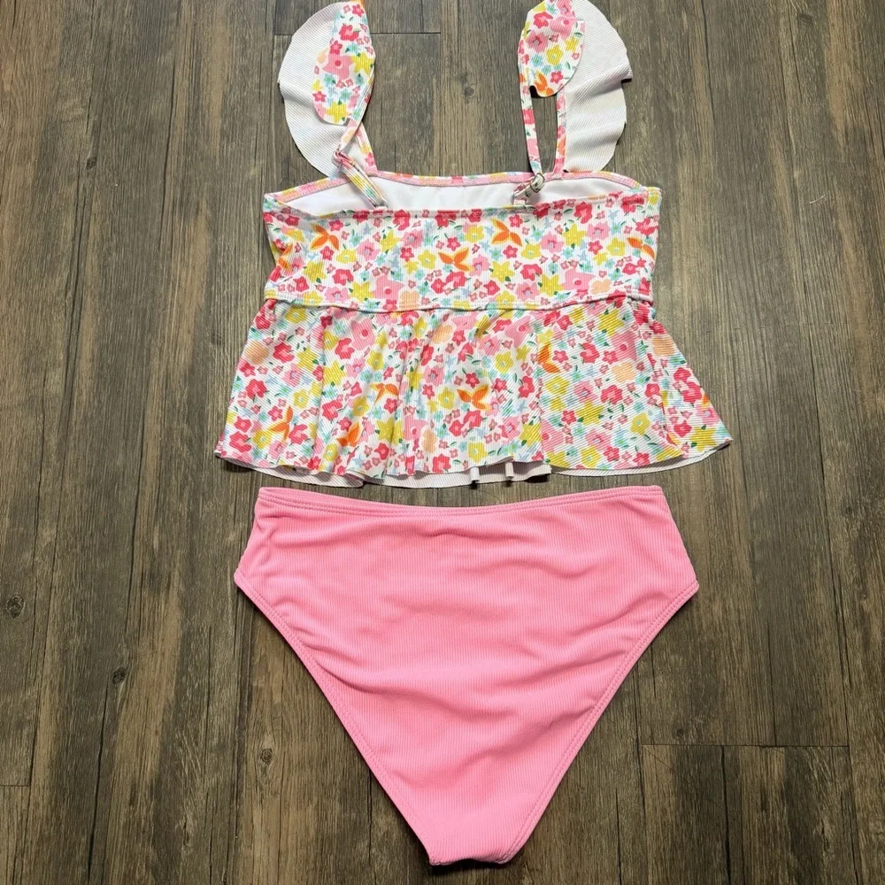 Girls' Pink Red Floral Tankini Set Two-Piece Swimwear Ruffle Straps Stretch 14